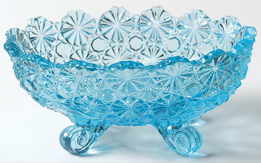 Daisy and Button Blue 4-Toed Oval Bowl by L G Wright Glass-1