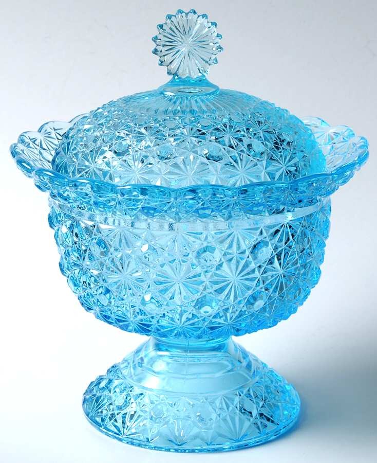 Daisy and Button Blue 7" Compote & Lid by L G Wright Glass-1