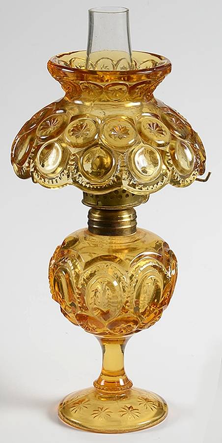 Moon and Star Amber Mini Oil Lamp with Globe and Chimney by L G Wright Glass-1