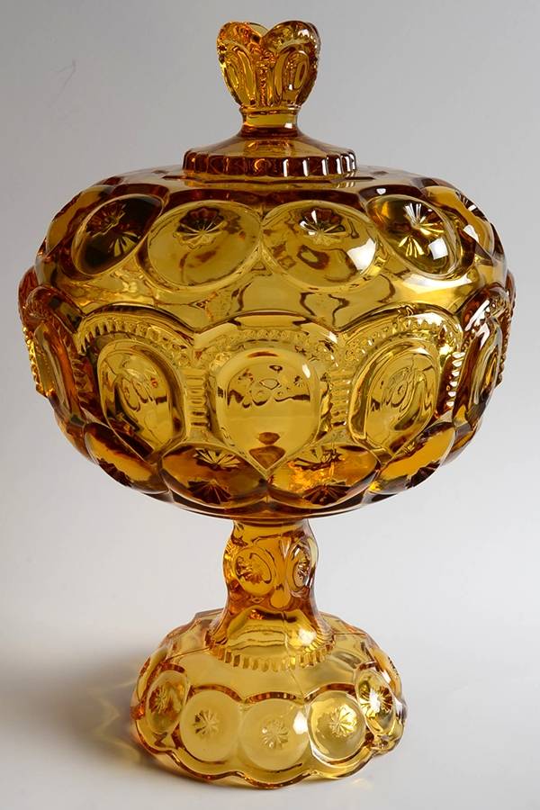 Moon and Star Amber 12" Tall Compote & Lid by L G Wright Glass-1