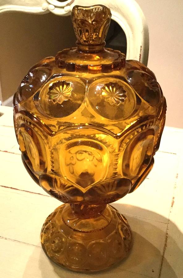 Moon and Star Amber 8" Compote & Lid by L G Wright Glass-1