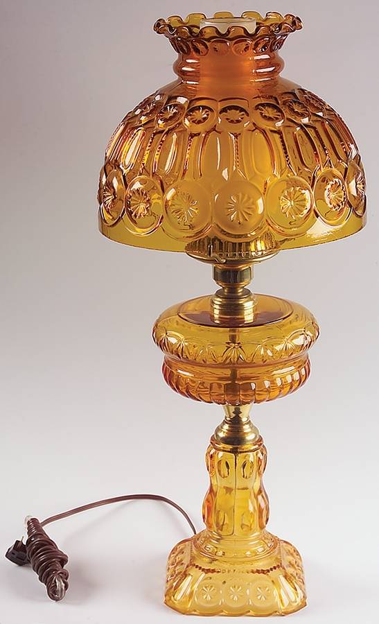 Moon and Star Amber Electric Lamp with Globe and Chimney by L G Wright Glass-1