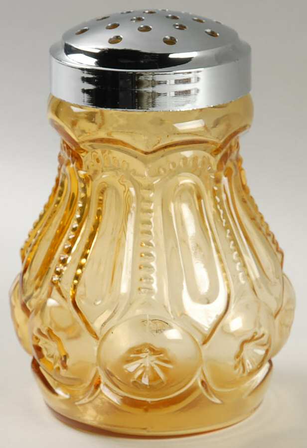 Moon and Star Amber Sugar Shaker with Stamped Metal Top by L G Wright Glass-1