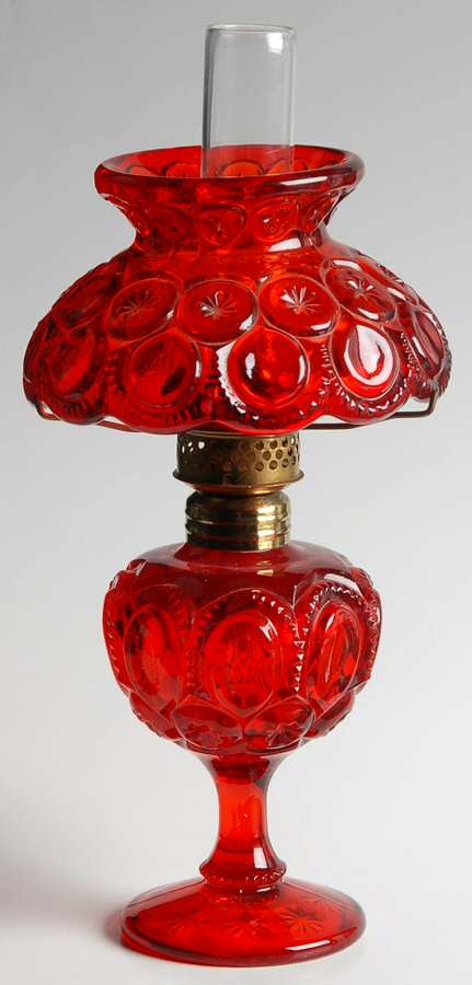Moon and Star Ruby Mini Oil Lamp with Globe and Chimney by L G Wright Glass-1