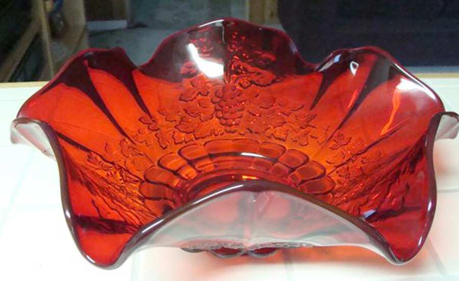 Panel Grape Ruby 12" Round Crimped Bowl by L G Wright Glass-1