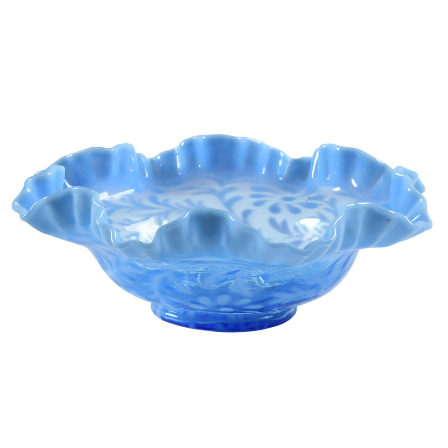 Daisy and Fern Blue 10" Round Double Crimped Bowl by L G Wright Glass-1