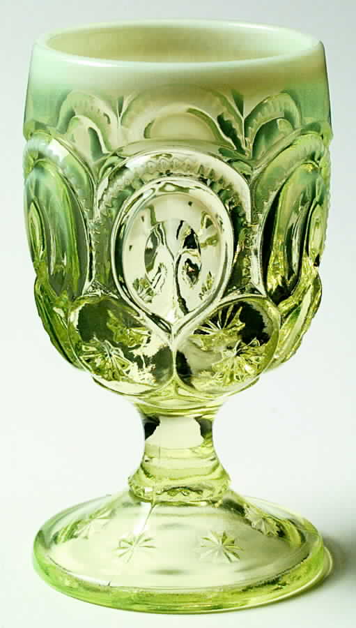 Moon and Star Vaseline Opalescent Water Goblet by L G Wright Glass-1