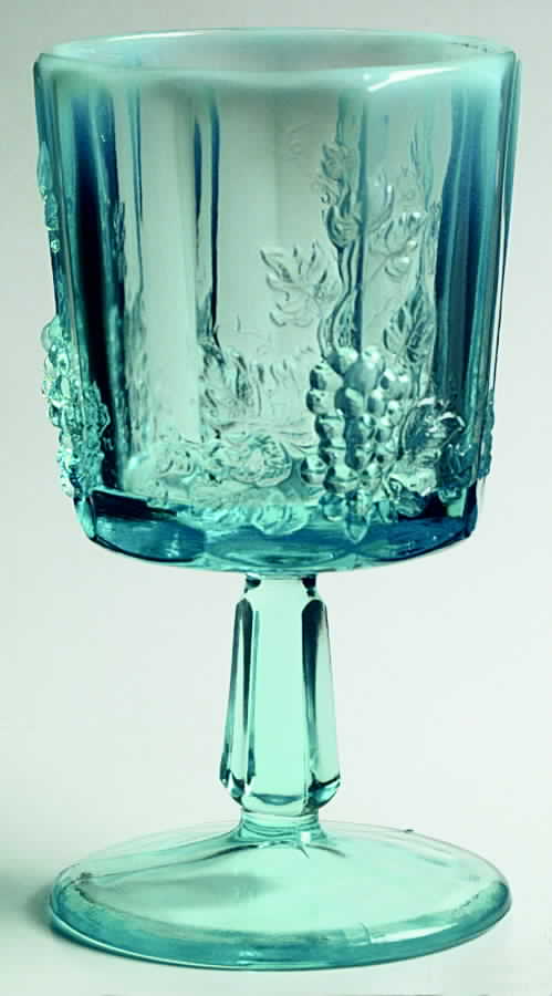 Paneled Grape Blue Opalescent Water Goblet by L G Wright Glass-1