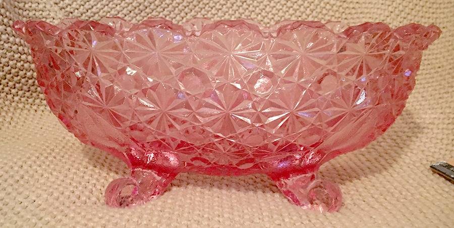 Daisy and Button Pink 9" Oval 4 Toed Bowl by L G Wright Glass-1