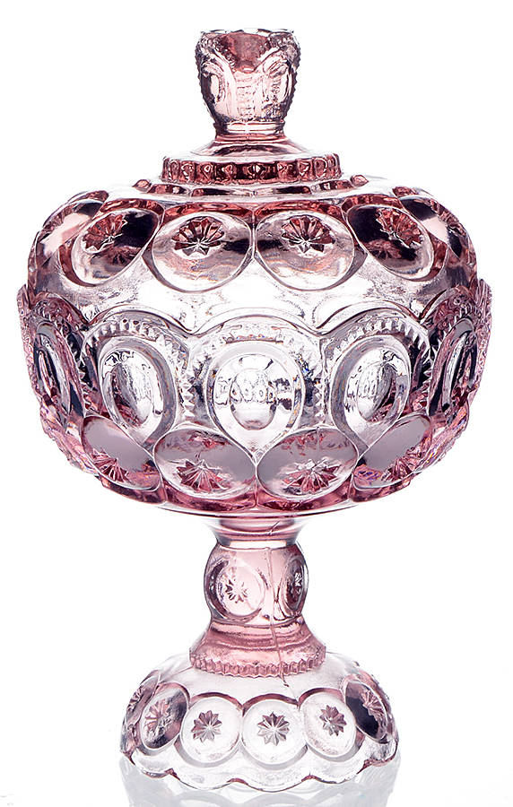 Moon and Star Pink 10" Compote & Lid by L G Wright Glass-1
