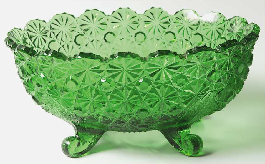 Daisy and Button Green 10" Four Toed Oval Bowl by L G Wright Glass-1