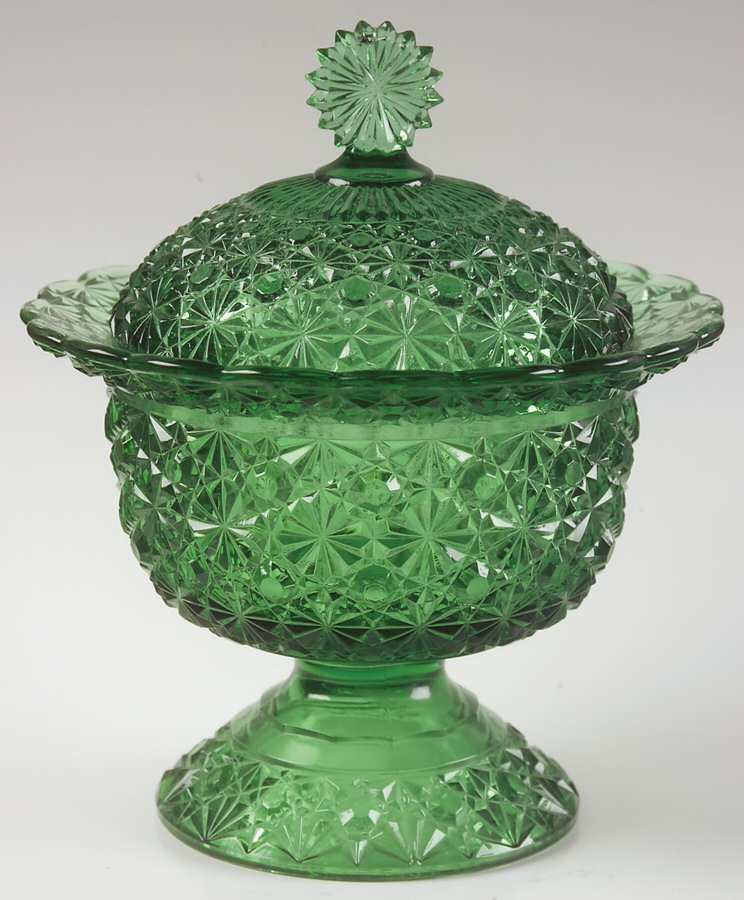 Daisy and Button Green 6" Compote & Lid by L G Wright Glass-1