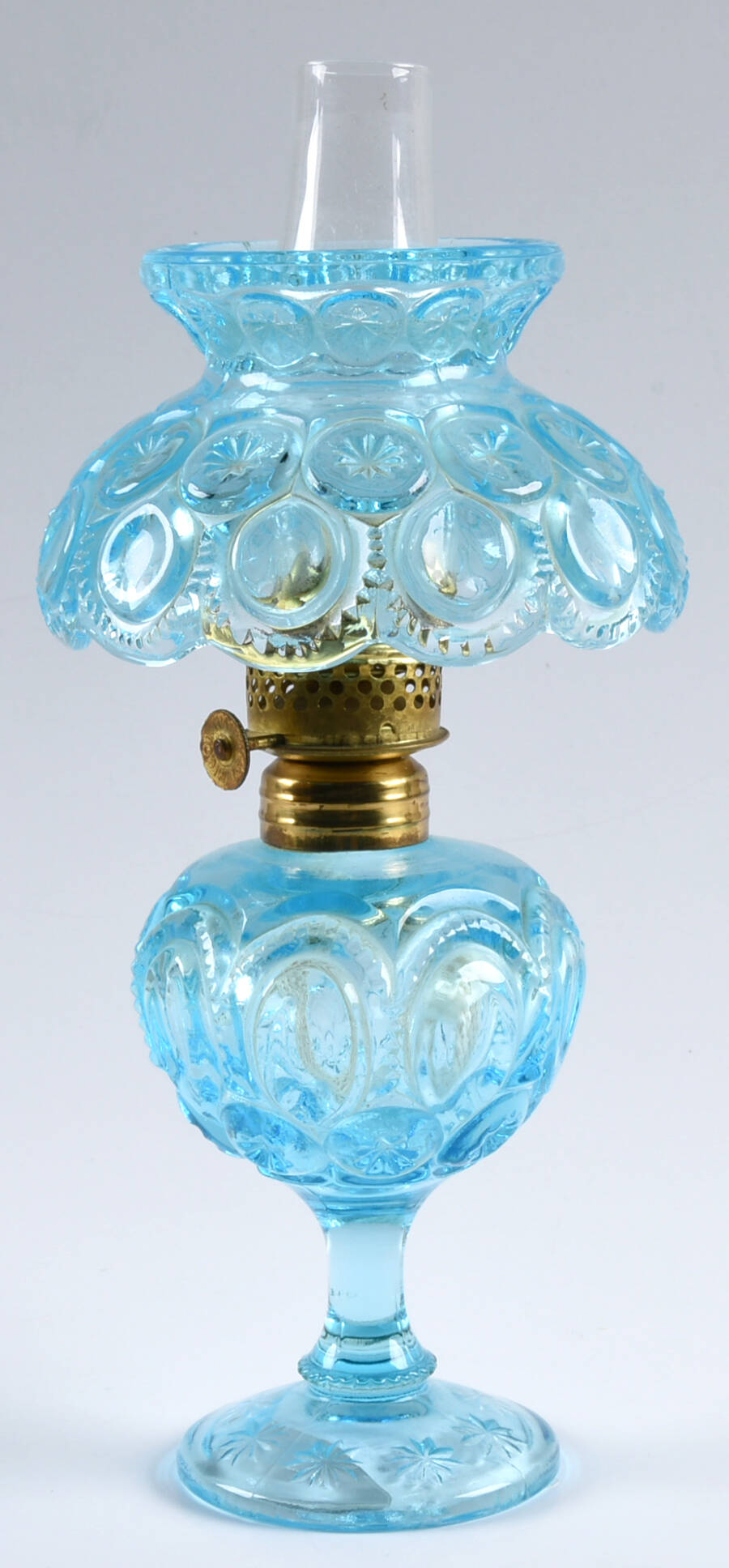 Moon and Star-Light Blue Mini Oil Lamp with Globe and Chimney by L G Wright Glass-1