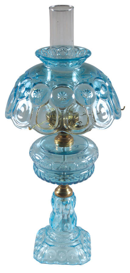 Moon and Star-Light Blue Electric Lamp with Globe and Chimney by L G Wright Glass-1