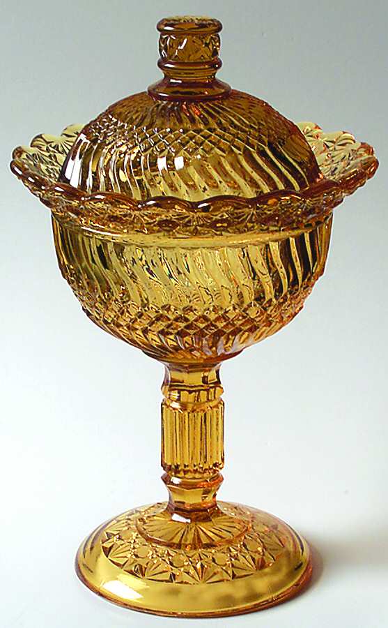 Jersey Swirl Amber 9" Compote & Lid by L G Wright Glass-1