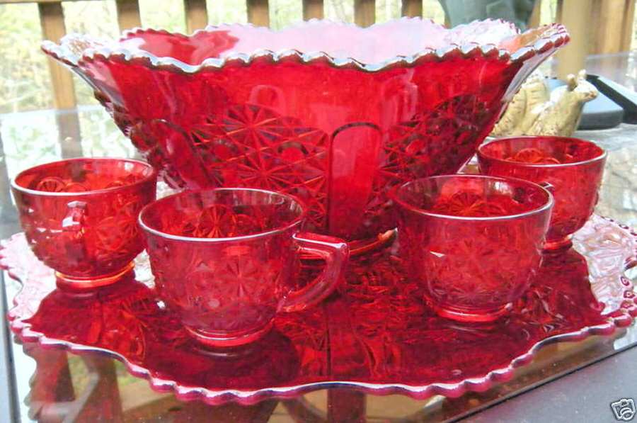 Daisy and Button Ruby (15 Piece) Punch Set (Bowl, Plate, Ladle, 12 Cups) by L G Wright Glass-1