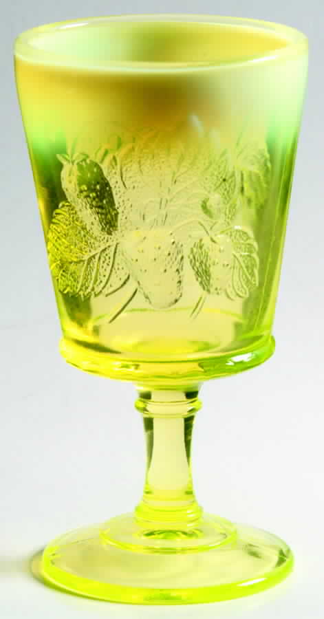 Strawberry and Current Vaseline Opalescent Water Goblet by L G Wright Glass-1