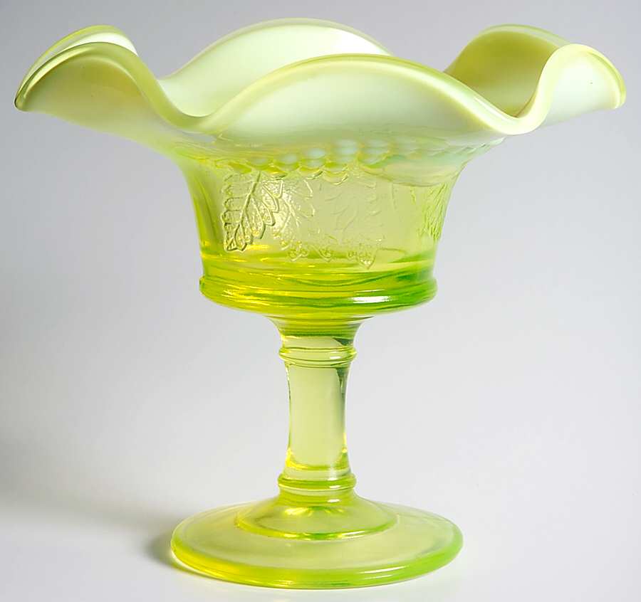 Strawberry and Current Vaseline Opalescent Footed Open Nut Dish by L G Wright Glass-1