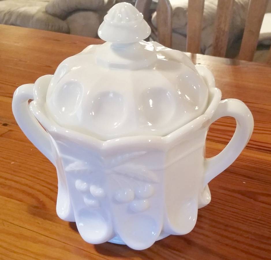 Cherry Milk Glass Bowl Has Lip, Sugar Bowl & Lid by Westmoreland-1