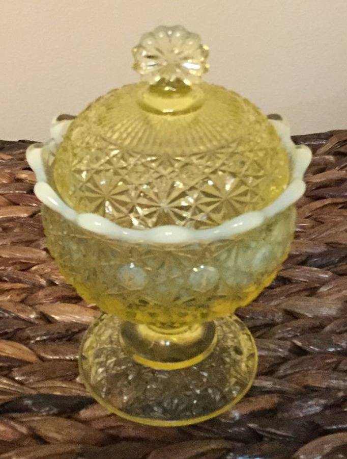 Daisy and Button Vaseline Opalescent Small Compote & Lid by L G Wright Glass-1