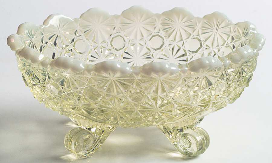 Daisy and Button Vaseline Opalescent 4-Toed Oval Bowl by L G Wright Glass-1