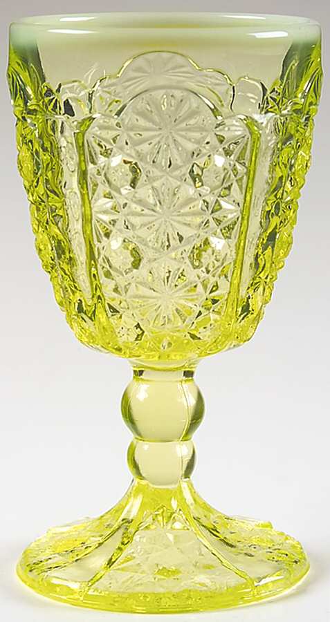 Daisy and Button Vaseline Opalescent Water Goblet by L G Wright Glass-1