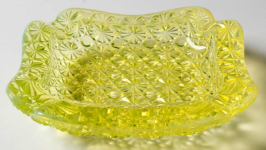 Daisy and Button Vaseline Opalescent 5" Square Ashtray by L G Wright Glass-1