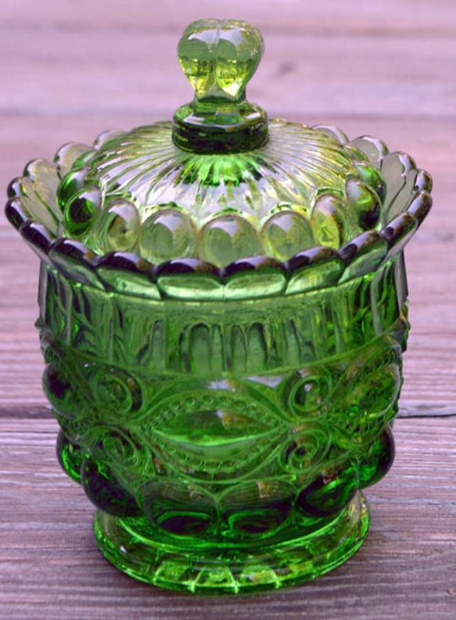 Eyewinker Green Sugar Bowl & Lid by L G Wright Glass-1