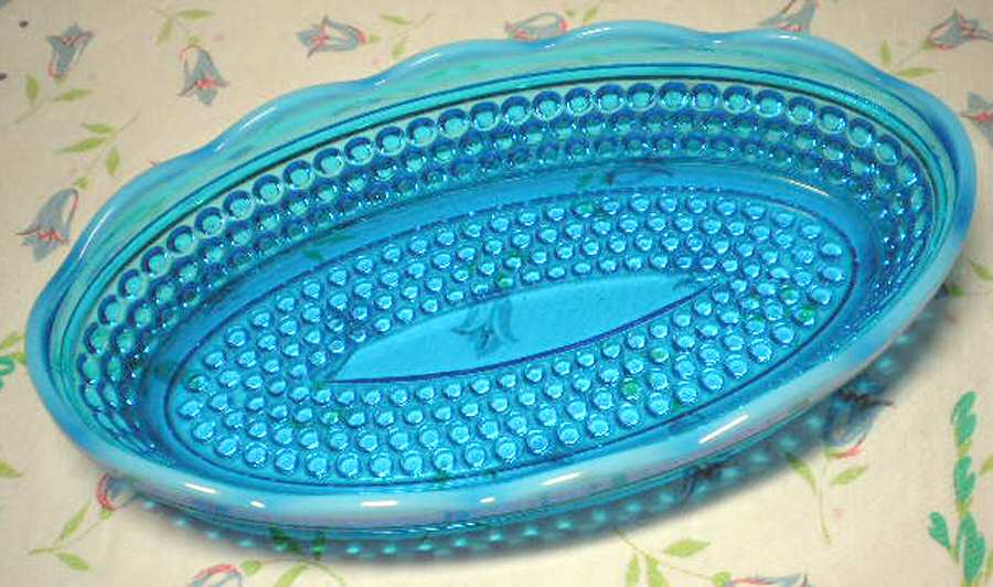 American Hobnail Blue Opalescent Pickle Dish by Westmoreland-1