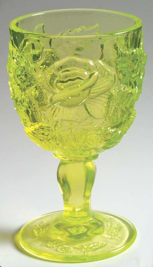 Wild Rose Vaseline Water Goblet by L G Wright Glass-1