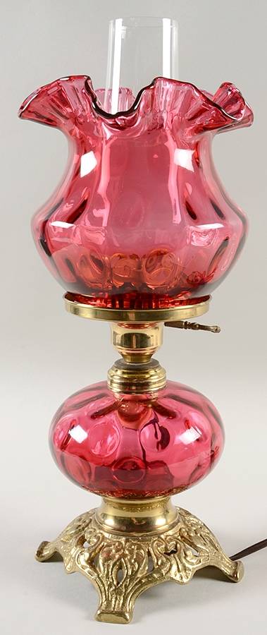 Thumbprint Cranberry Student Lamp with Globe & Chimney by L G Wright Glass-1