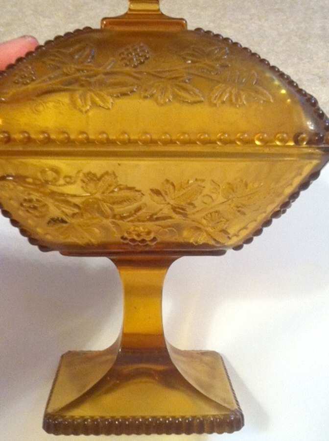 Beaded Grape Amber Beaded Flared Bowl & Lid by Westmoreland-1