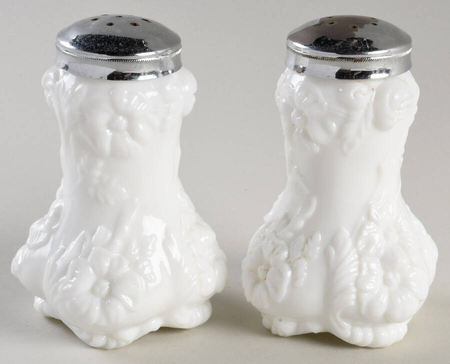 Blooming Flower Milk Glass Shaker Set w/Metal Lids by Westmoreland-1