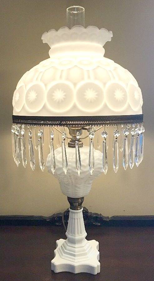 Moon and Star Milk Glass Electric Lamp with Globe and Chimney by L G Wright Glass-1