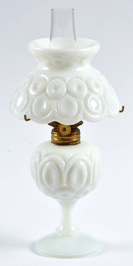 Moon and Star Milk Glass Mini Oil Lamp with Globe and Chimney by L G Wright Glass-1