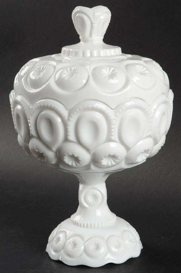 Moon and Star Milk Glass 10" Compote & Lid by L G Wright Glass-1