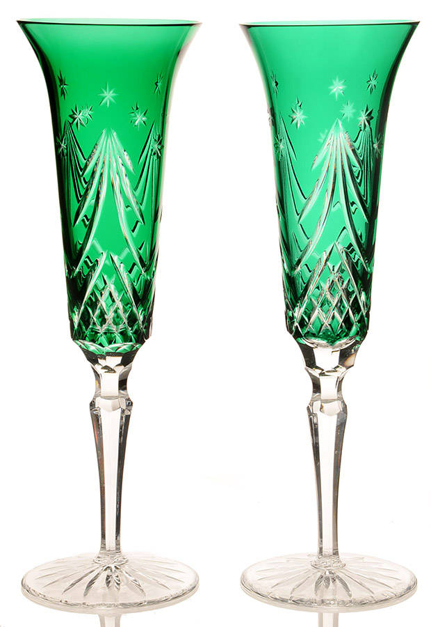 Merry Christmas (Set of 2 Boxed) Emerald Green Fluted Champagne by Waterford Crystal-1