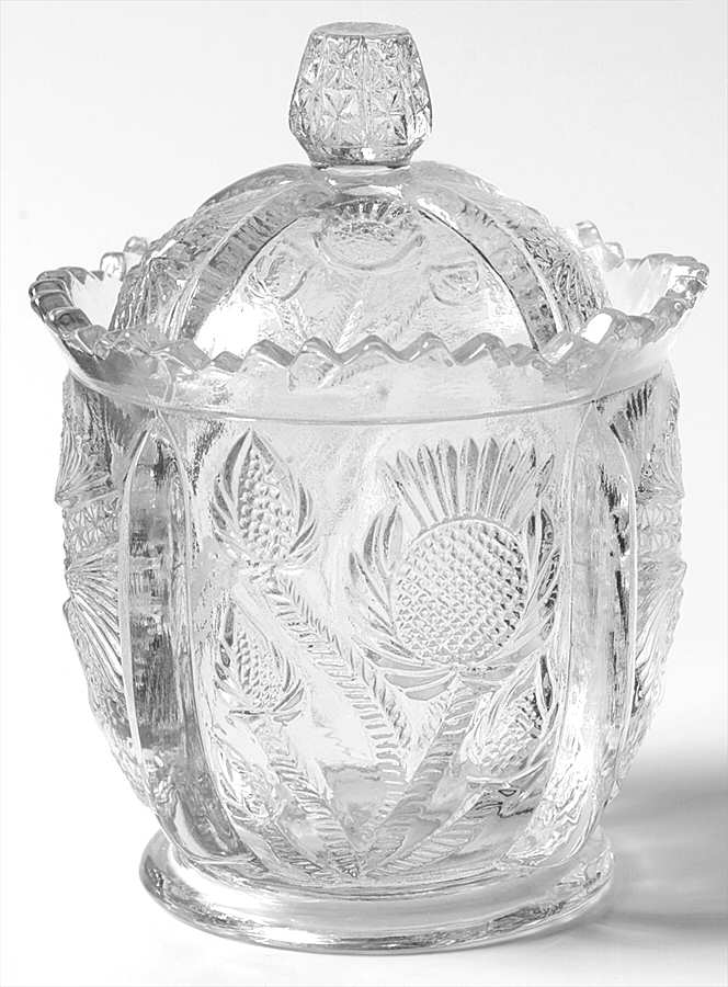 Paneled Thistle Bowl Has Lip, Sugar Bowl & Lid by L G Wright Glass-1