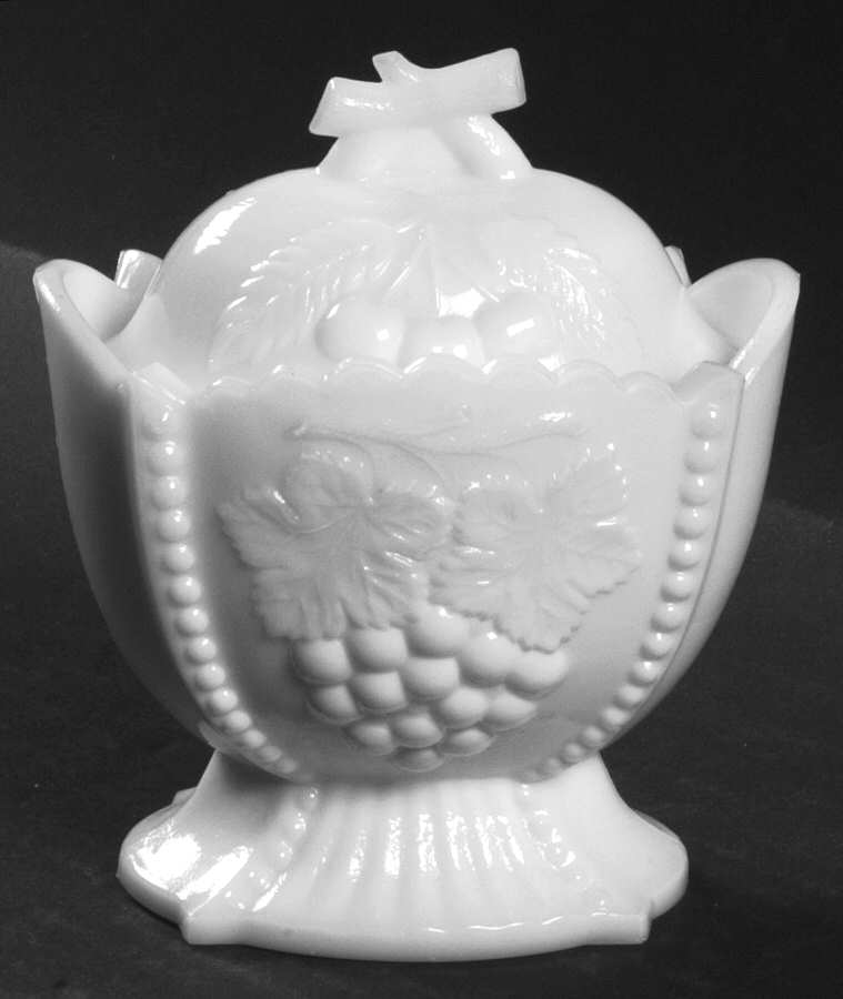 Cherry and Grape Milk Glass (Line 108) Sugar Bowl & Lid by Westmoreland-1