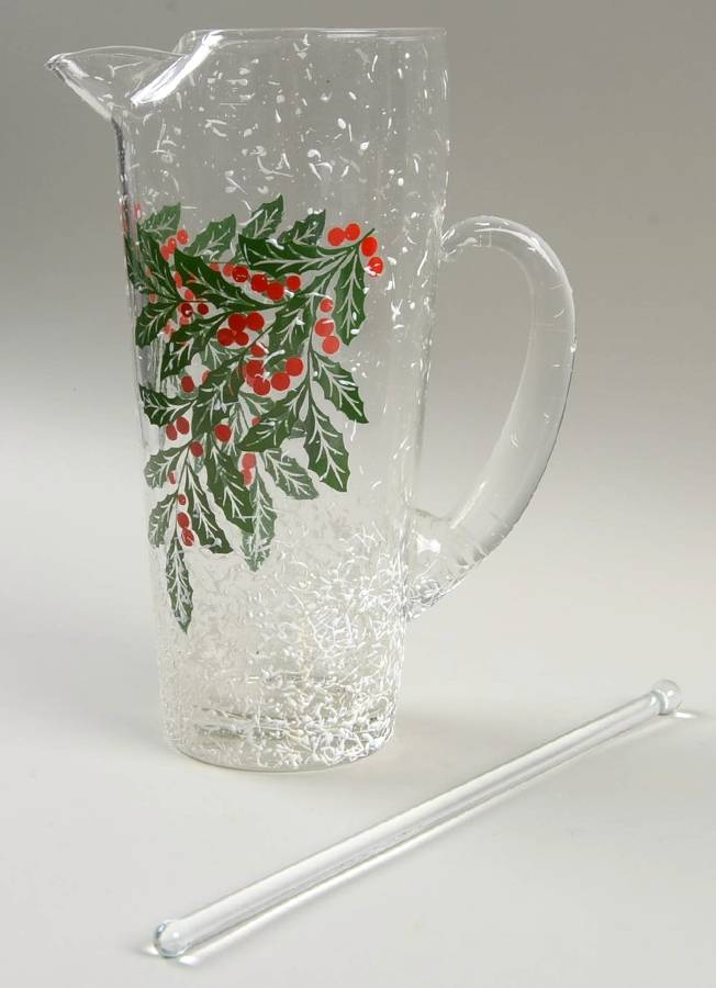 Snowy Holly Green Leaves 32 Oz Martini Pitcher with Stirrer by West Virginia Glass Specialty-1