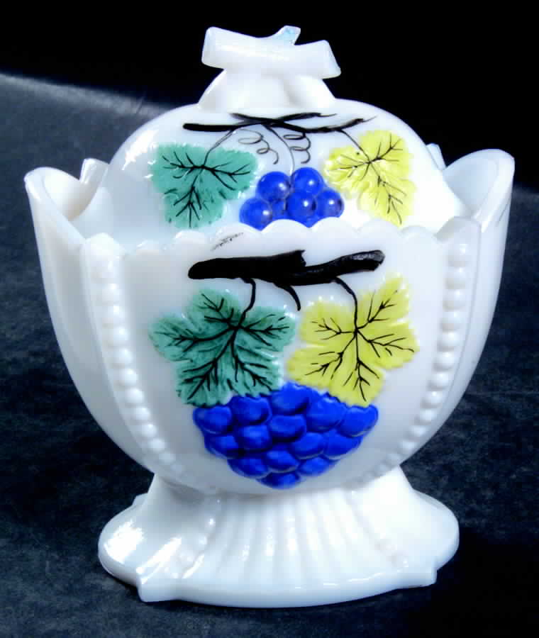 Cherry and Grape Milk Glass Decorated Sugar Bowl & Lid by Westmoreland-1