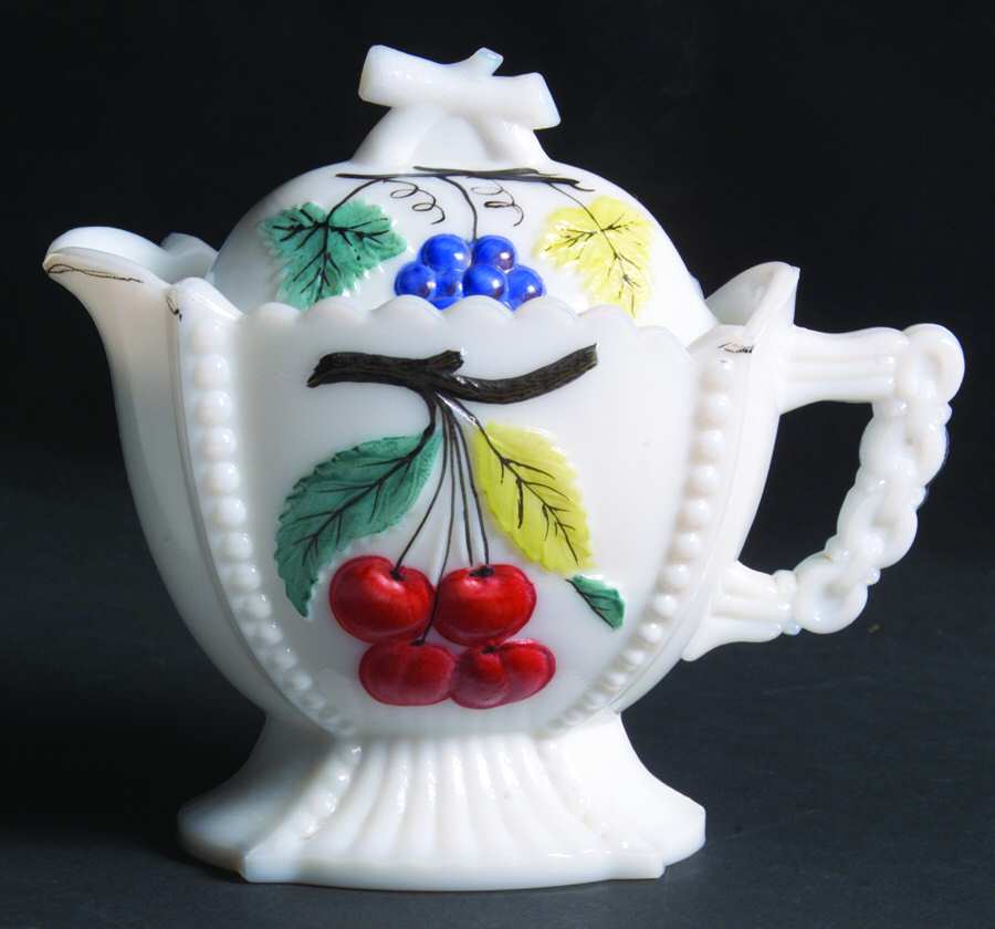 Cherry and Grape Milk Glass Decorated Creamer & Lid by Westmoreland-1
