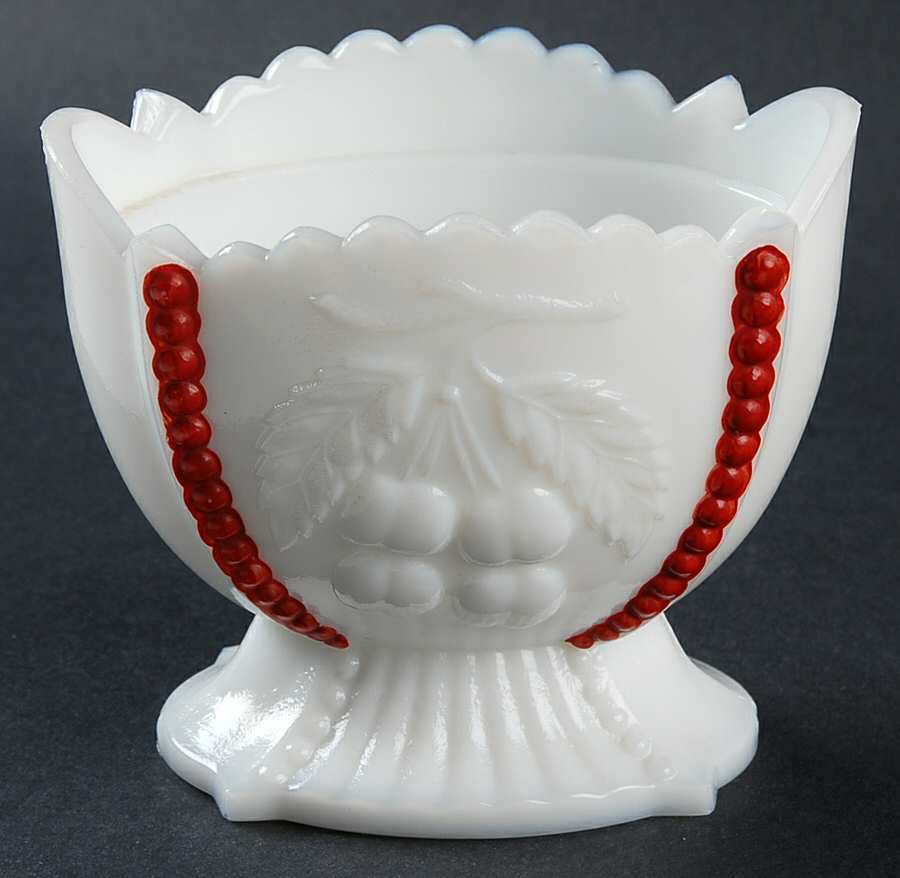 Cherry and Grape Milk Glass Decorated Sugar Bowl W/Lip No Lid by Westmoreland-1