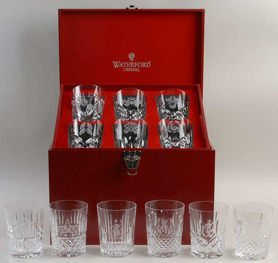Twelve Days of Christmas (12 Pc) Double Old Fashioned Set w/Wood Case by Waterford Crystal-1