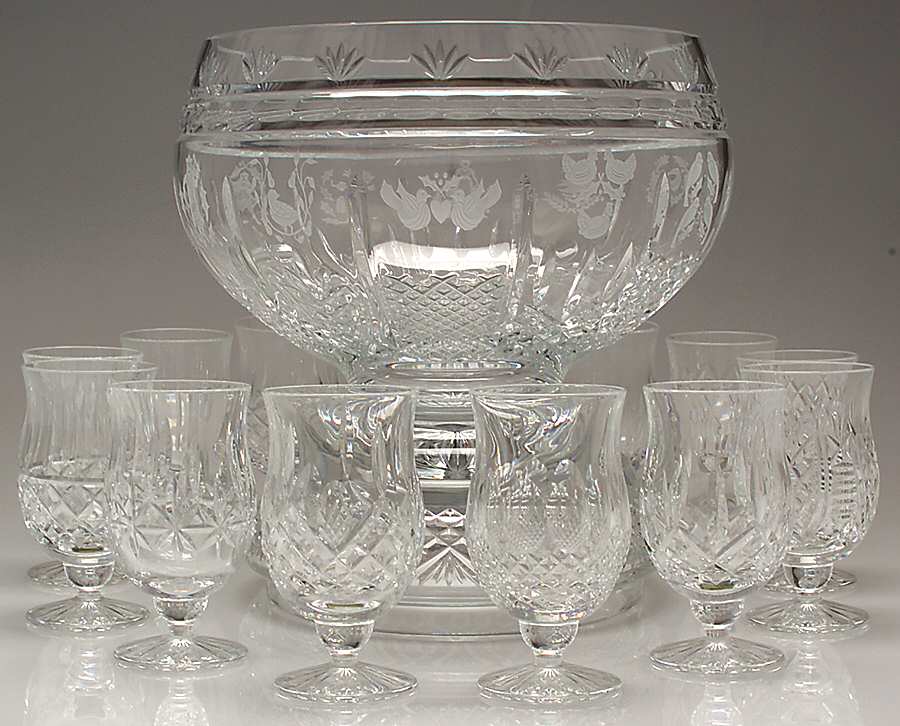Twelve Days of Christmas Punch Bowl W/Stand &12 Different Punch Glasses by Waterford Crystal-1