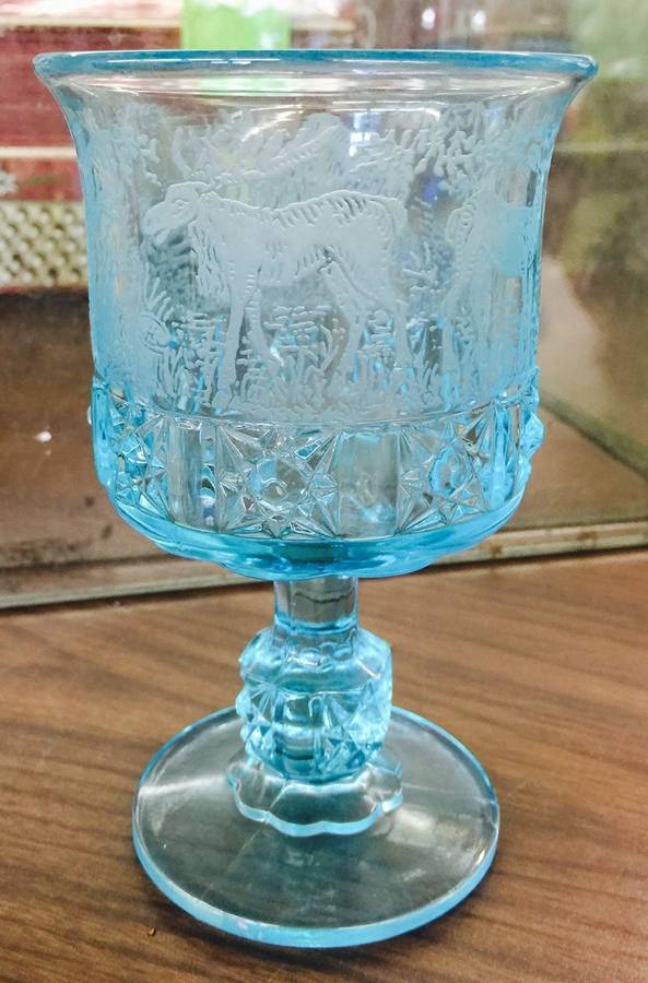 Daisy and Cube Blue (Etch) Water Goblet by L G Wright Glass-1