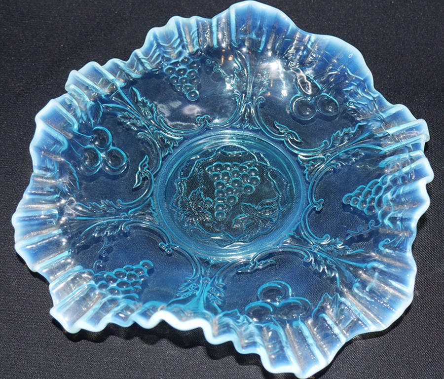 Cherry Blue Opalescent Crimped Bowl by L G Wright Glass-1