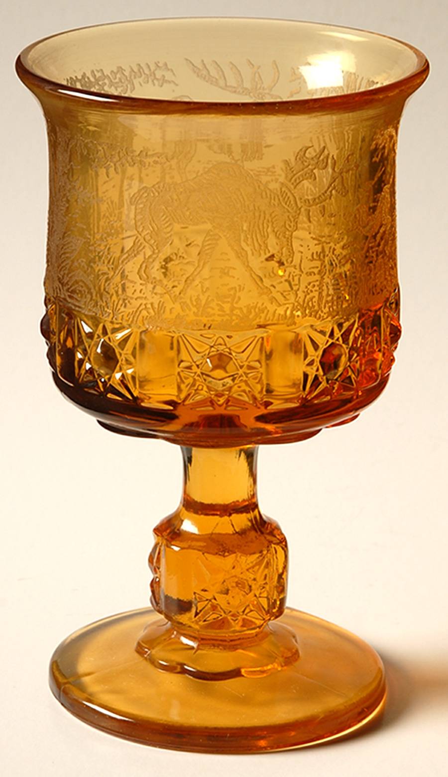 Daisy and Cube Amber (Etch) Water Goblet by L G Wright Glass-1