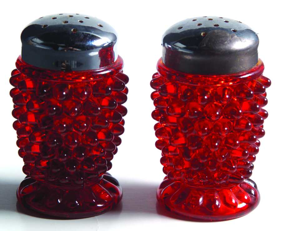 Hobnail Ruby Footed Shaker Set & Metal Lids by L G Wright Glass-1
