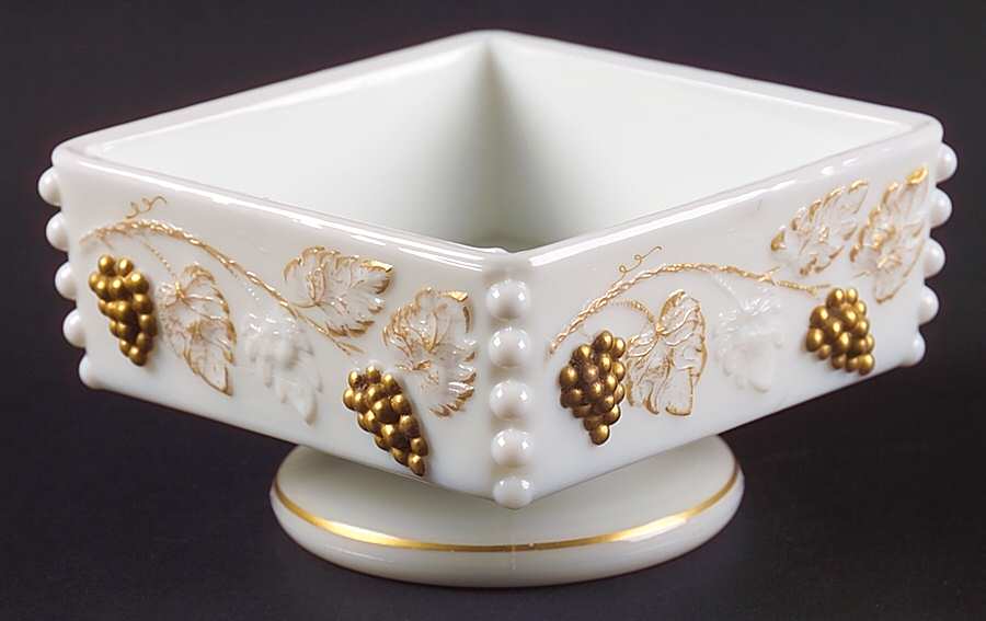 Paneled Grape Milk Glass (Gold Accents, 915) Beaded Honey Dish No Lid by Westmoreland-1